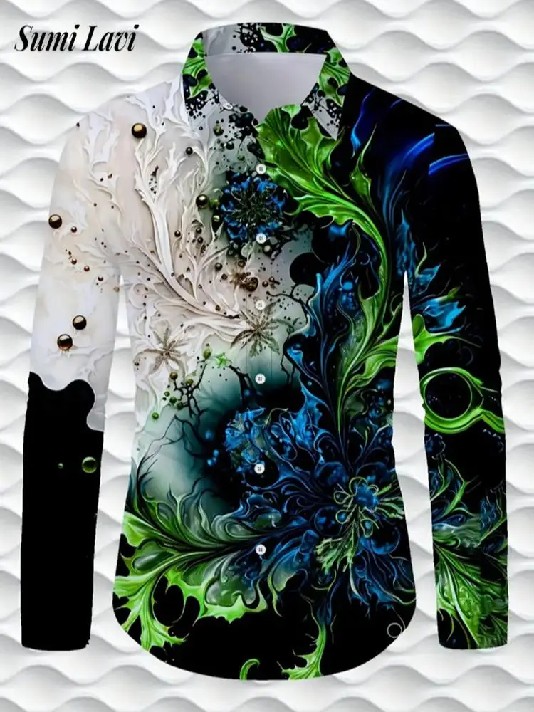 

2025 Autumn Trendy Pattern Print Shirts Men's Long Sleeve Turn-down Collar Buttoned Casual Shirt For Men Fashion Cardigan Tops