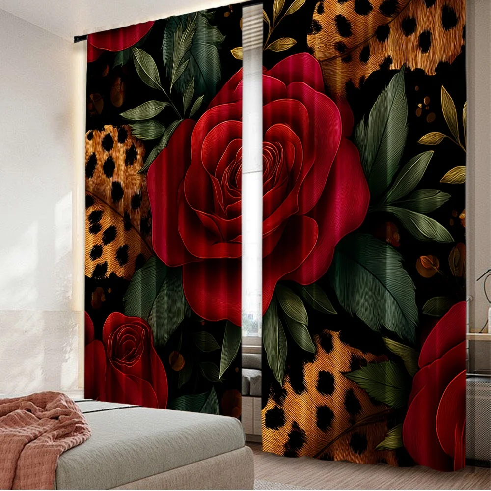 2D flat printing 2pcs Window Curtains Wild Roses and Leopard Spots Digital Printed Polyester Drapes Party Decorations for All