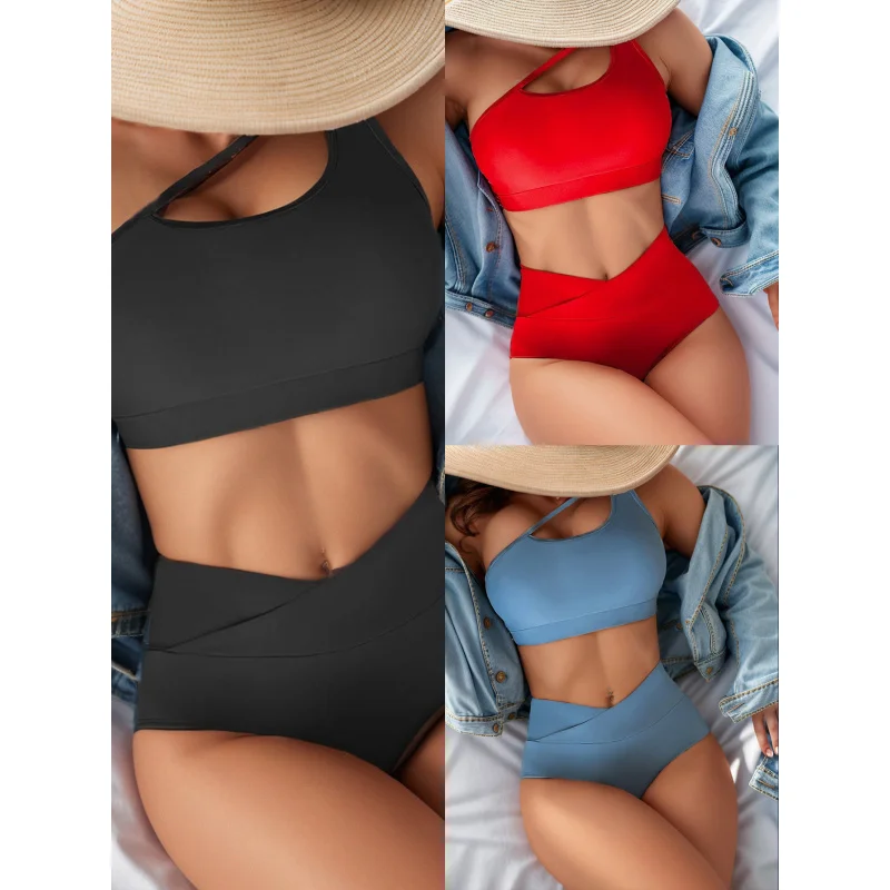 NewbikiniSolid Color One-Shoulder High-Waist Sexy Bikini Two-Piece Swimsuit