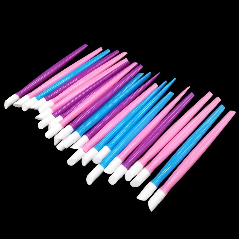 50/10 sztuk/partia wielokrotnego użytku podwójna głowica plastikowy odpychacz do skórek paznokci gumowe porady środek czyszczący usuwanie Pedicure narzędzie do pielęgnacji paznokci wiertło kij