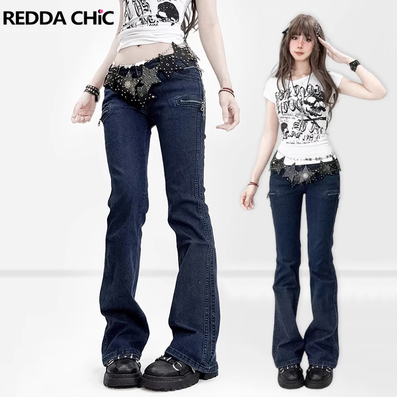 

REDDACHiC Low Rise Flared Jeans Dark Blue Vintage Zipper Applique Pockets Stretchy Tight Denim Pants Y2k Sexy Women Bell Bottoms