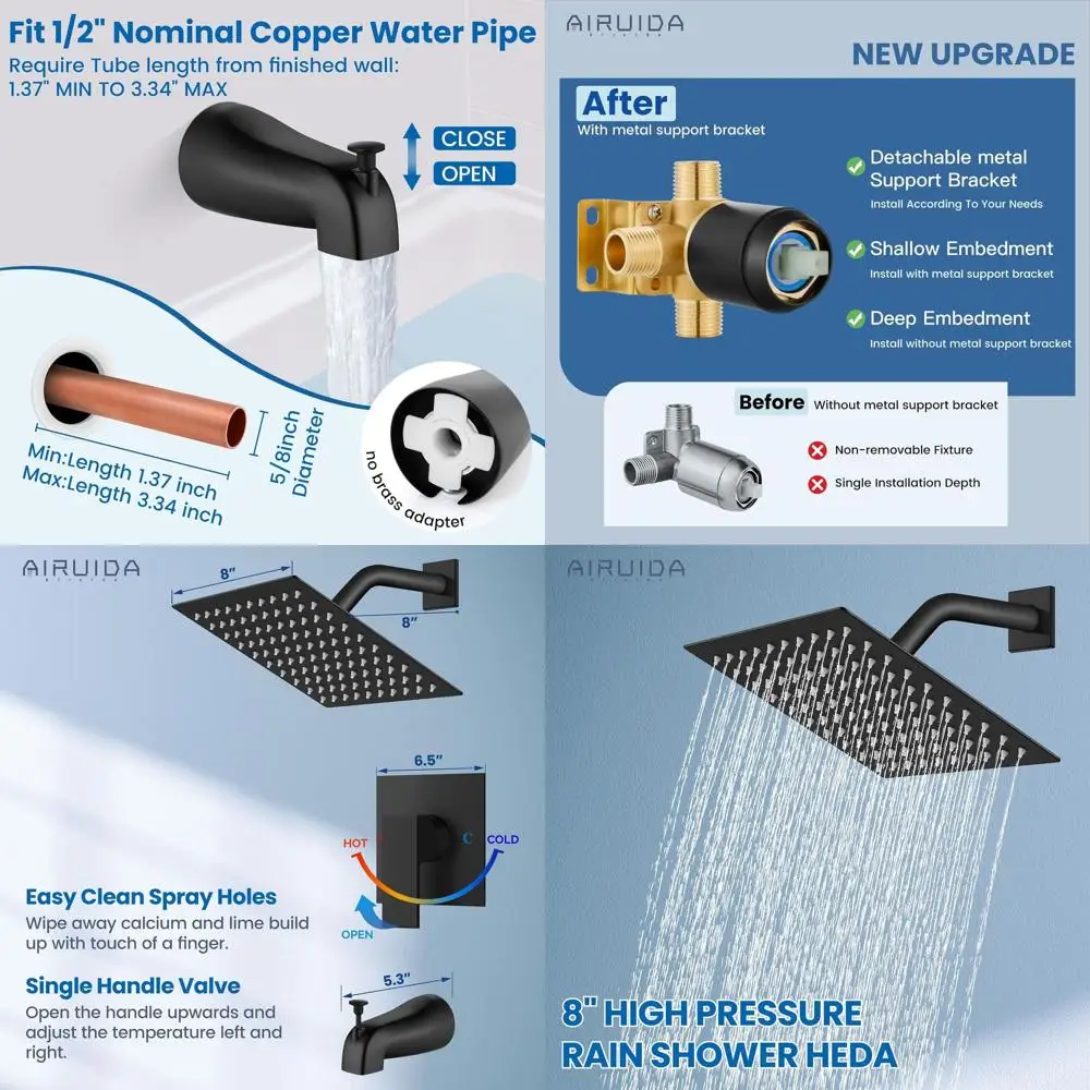 

Matte Black Shower Set with 8 Rainfall Head, Tub Spout, and Brass Valve