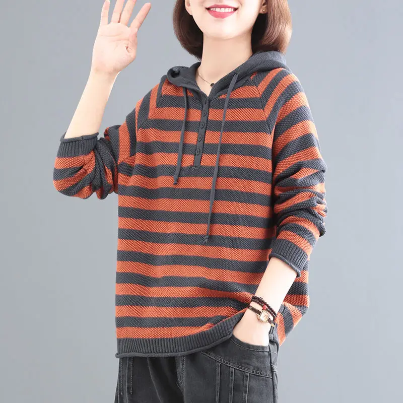 New Hooded Sweater Women\'s 2024 Autumn Winter Spliced Button Drawstring Fashion Loose Striped Casual Long Sleeved Knitted Top