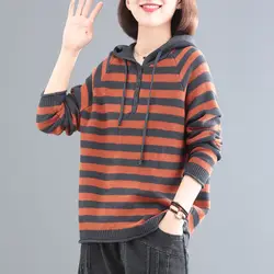 New Hooded Sweater Women's 2024 Autumn Winter Spliced Button Drawstring Fashion Loose Striped Casual Long Sleeved Knitted Top