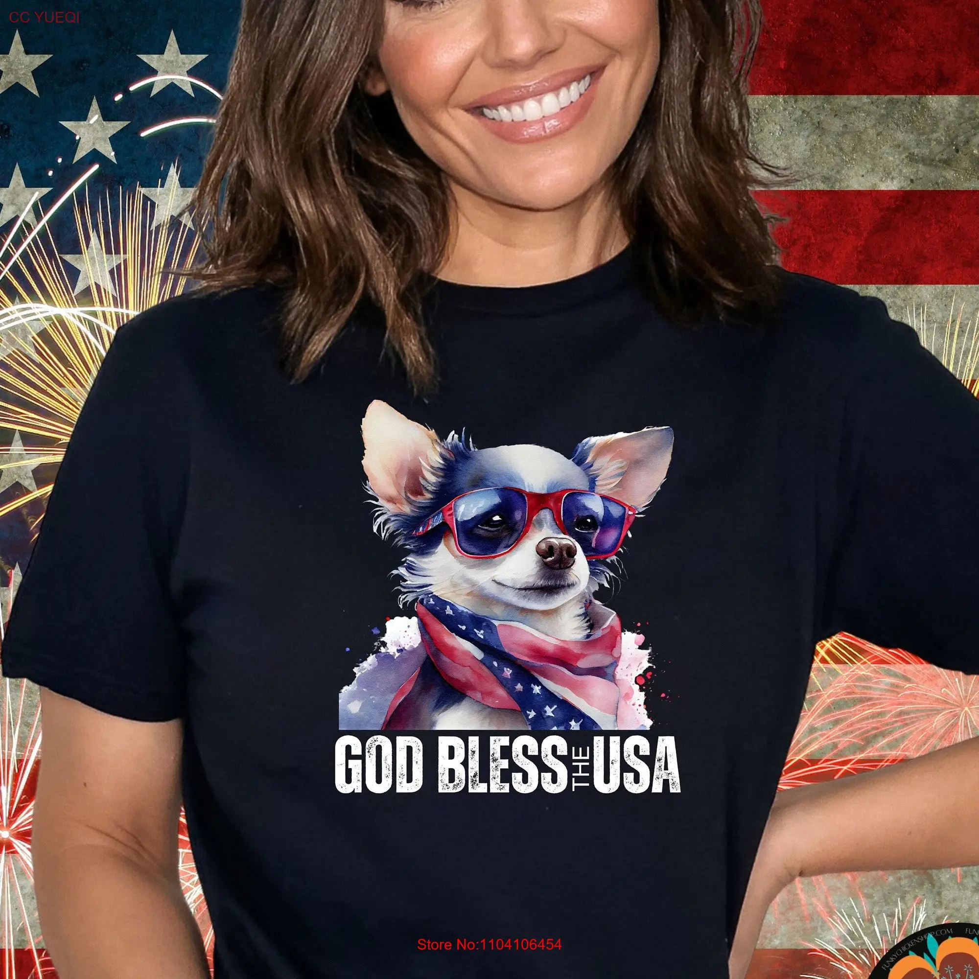 God Bless The USA 4th July Funny Dog T Shirt of Chihuahua American Flag Stars and Stripes long or short sleeves