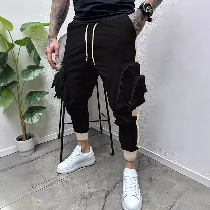 Stylish Patchwork Cargo Pants For Mens 2024 Autumn Casual Sports Fitness Pencil Pants Streetwear Vintage Pockets Men Trousers