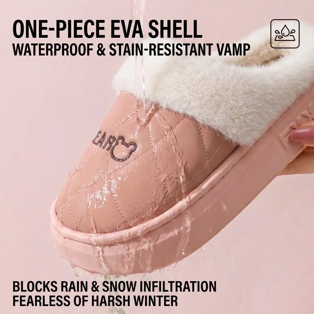 Unisex Winter Warme Plüsch-Hausschuhe für Damen und Herren, niedliche Bären-Stepphausschuhe mit Plateausohle, wasserdicht, rutschfest, für drinnen und draußen, Mules – Detail 3
