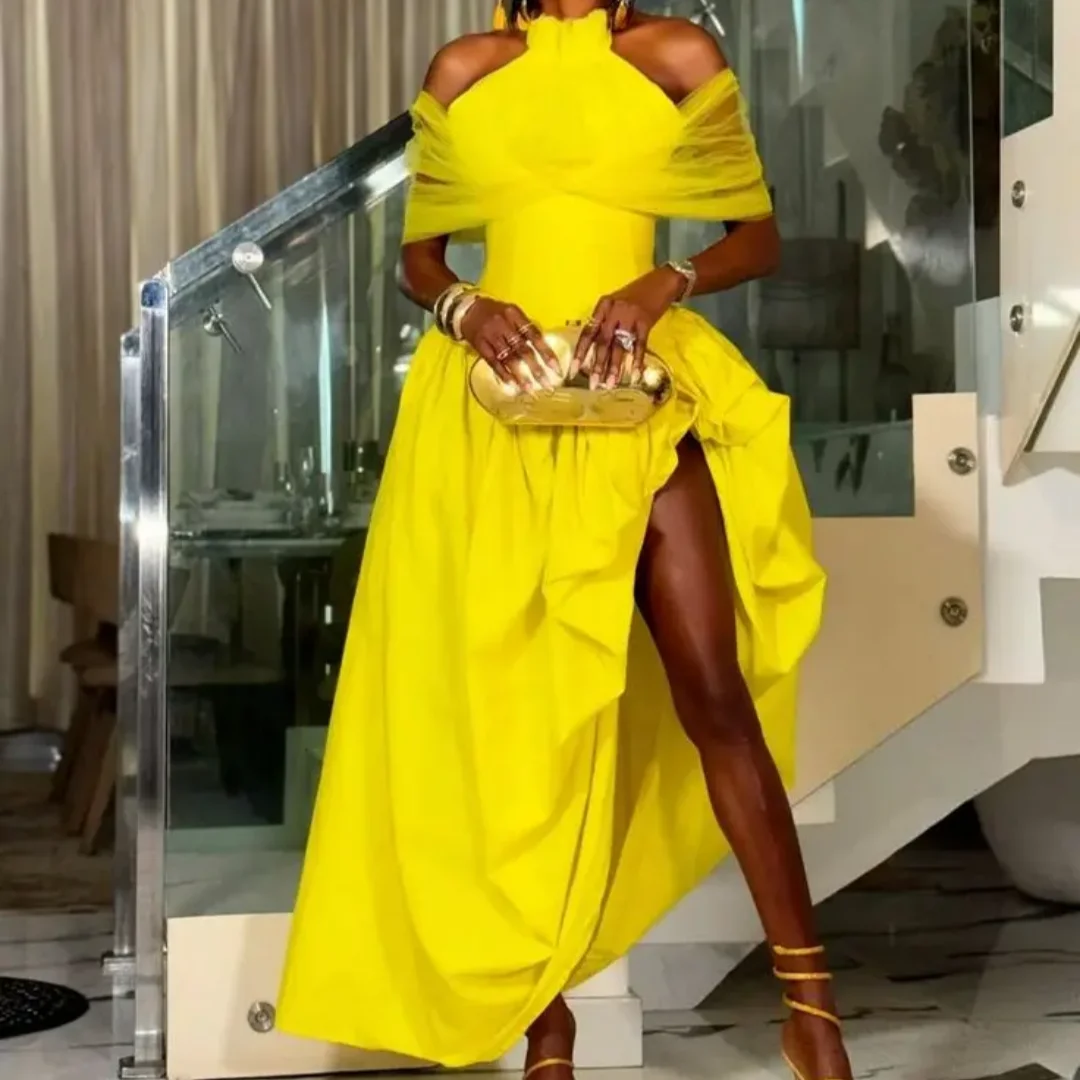 スタイリッシュな黄色の非対称ロングフォーマルドレスショートキャップスリーブファッションセクシーなアフリカの女性のドレスカスタマイズ
