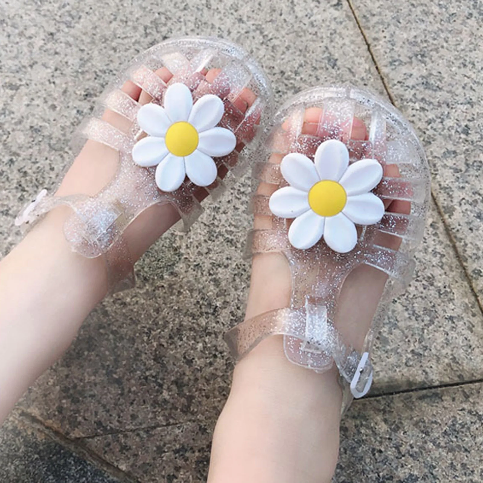 Baby Girls Summer Flower Beach Sandals Flat Jelly Crystal Shoes Children Breathable Soft Sole Shoes Kids Solid Princess Shoes