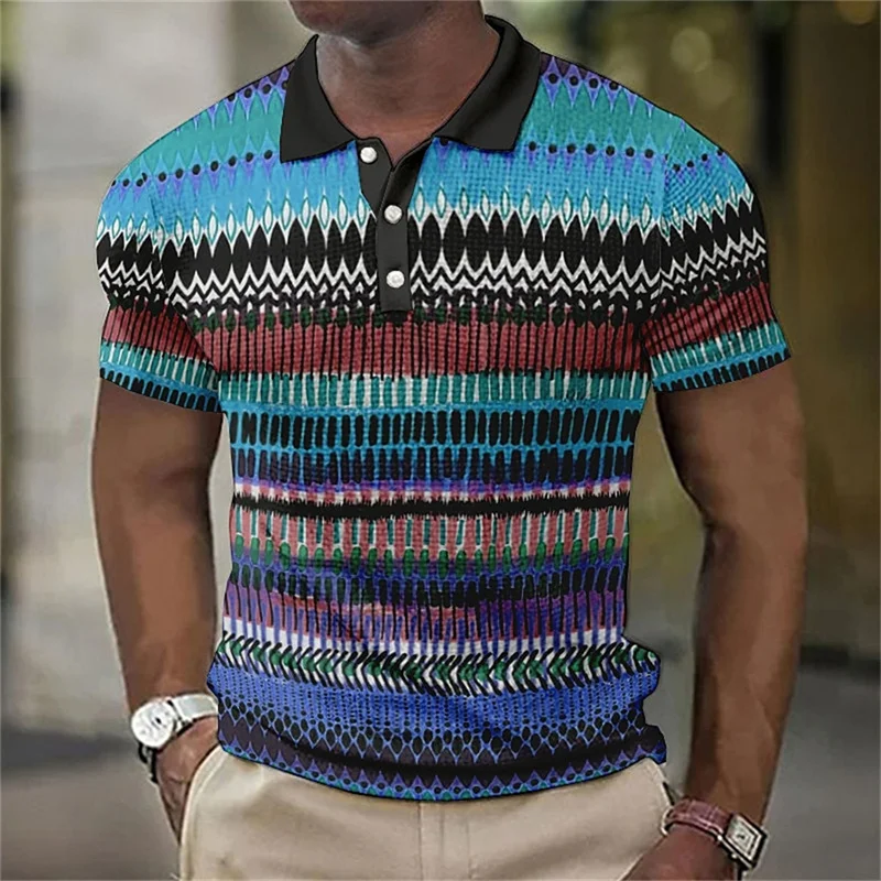 3D Printed Vintage Polo Shirt For Men Color Block Stripes Pattern T-Shirt Summer Casual Oversized Tees Short Sleeves Lapel Tops