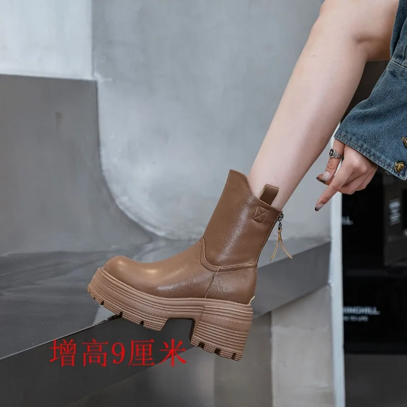 Fujin 9cm Microfiber Synthetic Leather Platform Wedge Women Boots Ankle Spring Knee High Fashion Autumn British Boots ZIP Shoes