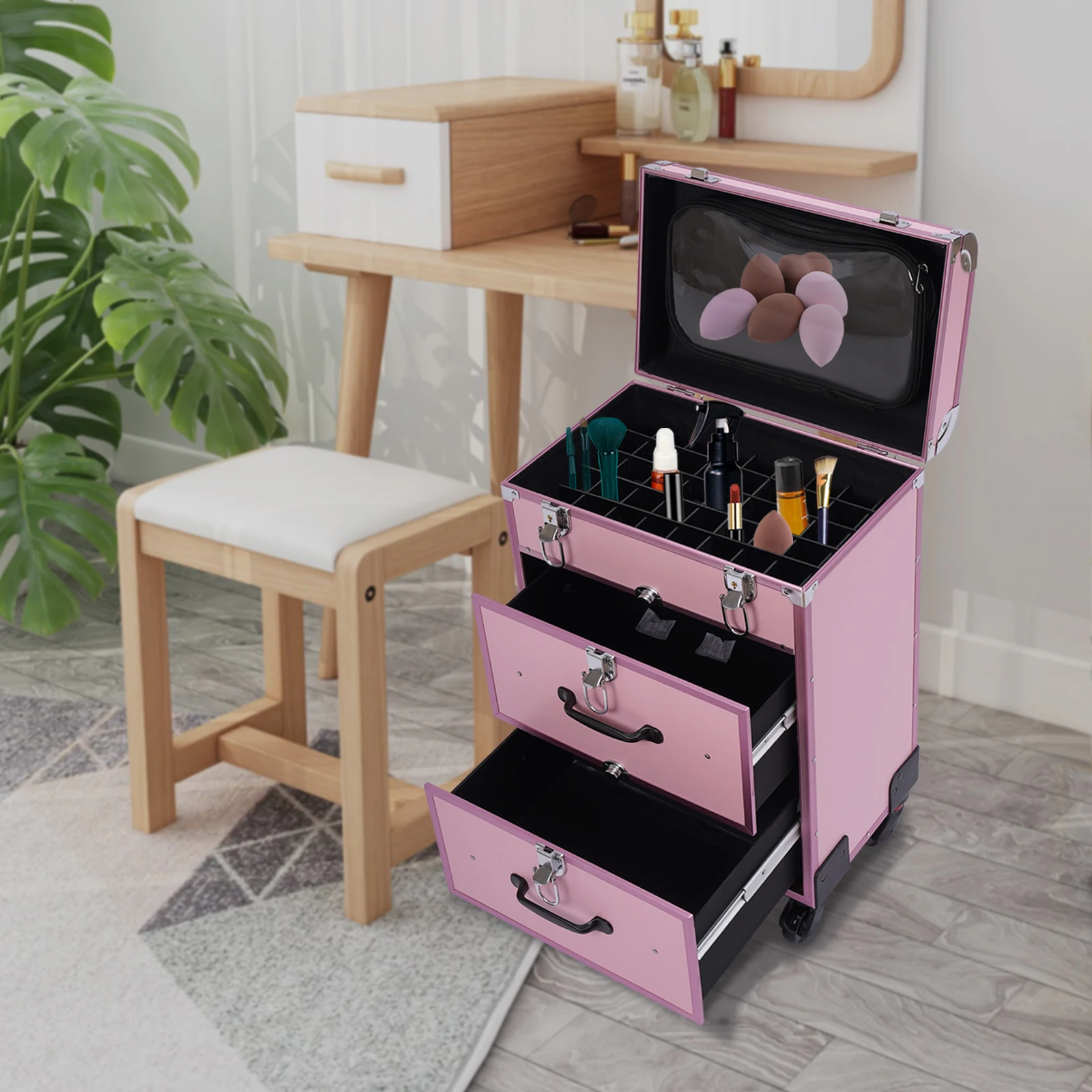 Sturdy Pink Makeup Case with Wheels - Versatile Storage for Beauty Tools and Cosmetics