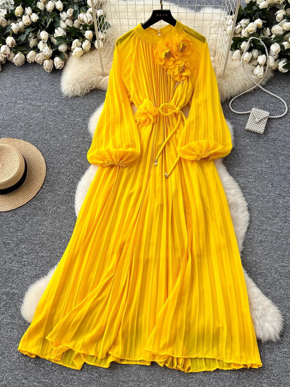 ฤดูใบไม้ผลิผู้หญิงประดับด้วยลูกปัด Draped จีบชุดยาว Elegant Rose สีแดง/สีฟ้า/สีเขียว/สีเหลืองพัฟแขนเอวสูง Maxi vestidos Robe ใหม่