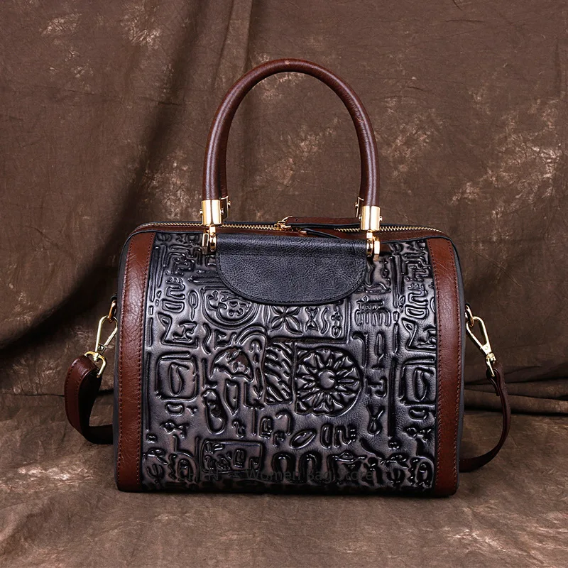 

Genuine Leather Bag Female Top Handle Messenger Bags Embossed Design Retro Design Handbag Natural Skin Women Tote Shoulder Bag