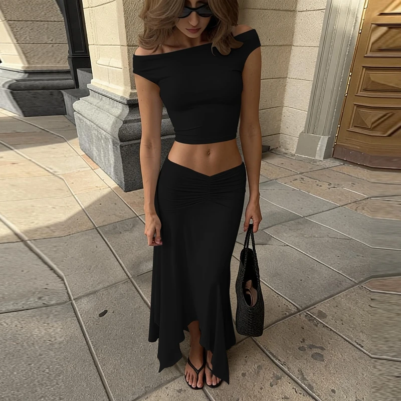 Hugcitar Damenmode 2-teiliges Set, schulterfreies, einfarbiges, sexy Crop-Top, plissierter Maxirock, unregelmäßiges Outfit, Strandurlaub, Y2K – Detail 25