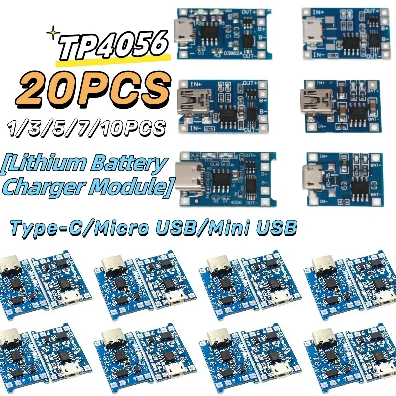 1 - 20PCS Type-C Micro Mini 5V1A 18650 TP4056 Lithium Battery Charger Module Charging Board With Protection Dual Functions 1A