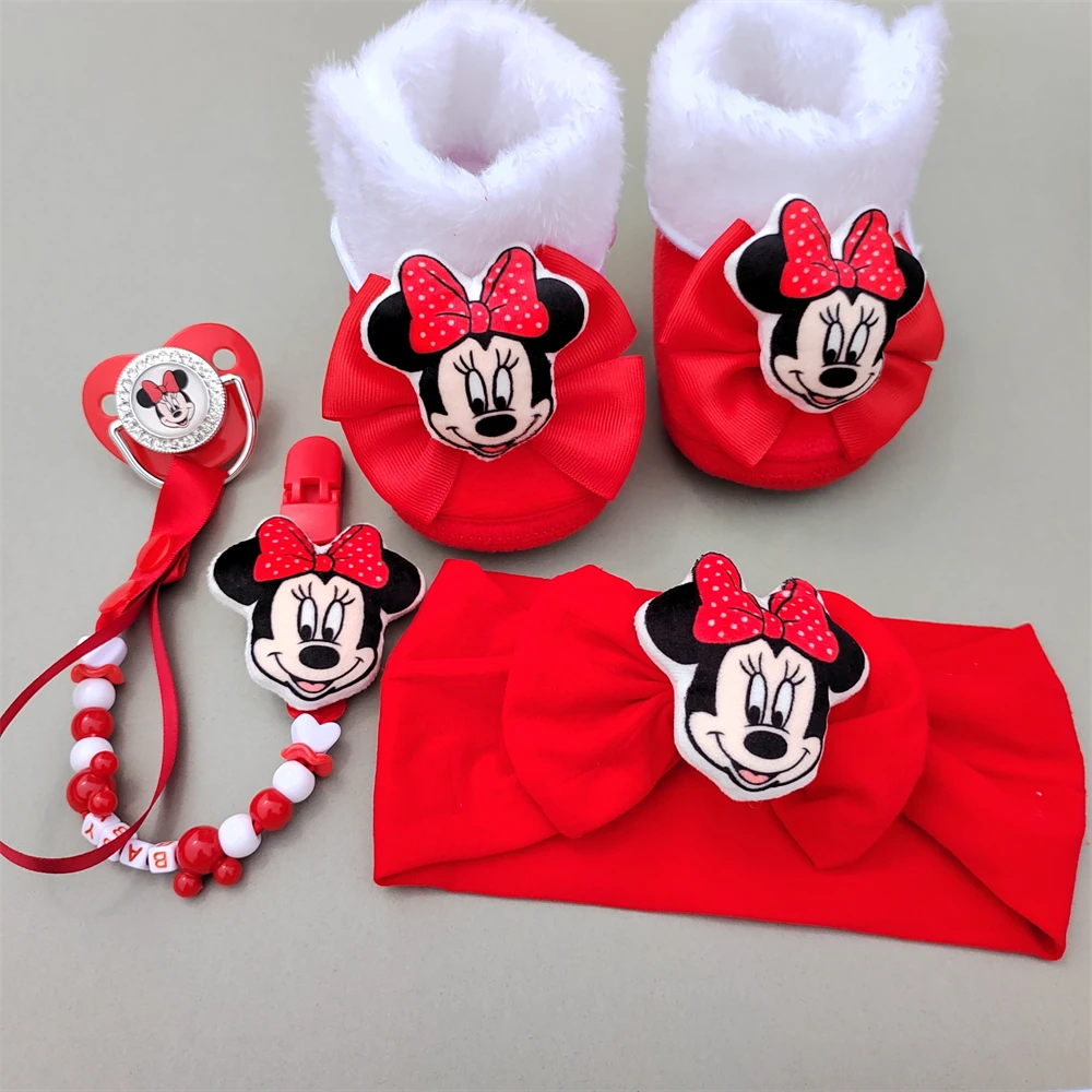 [ Girl Items ] Minnie Mouse Plush Warm Baby Boots Match with Plush Doll Toy Set Red Princess Disney Cotton Hat for Babies 0-8M