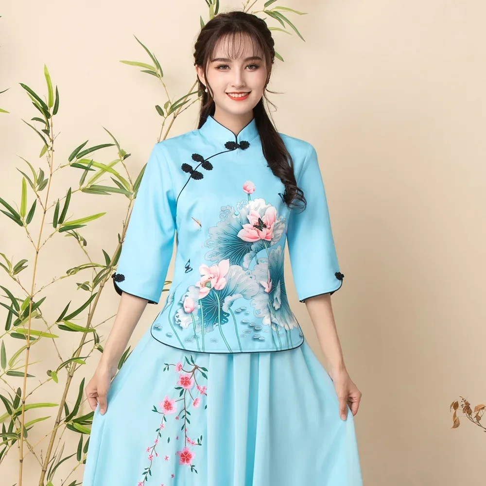 2023 Two Piece Cheongsam Chinese Dress Elegant Vintage Floral Print Modern Cheongsam Women Daily Qipao Dress Traditional Clothes