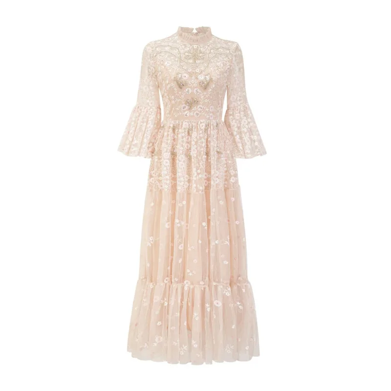 

VIBE Elegant Women's Mesh Embroidery Design Dresses Round Neck Long Sleeve High Waist Evening Dress Female 2025 New b5xueo