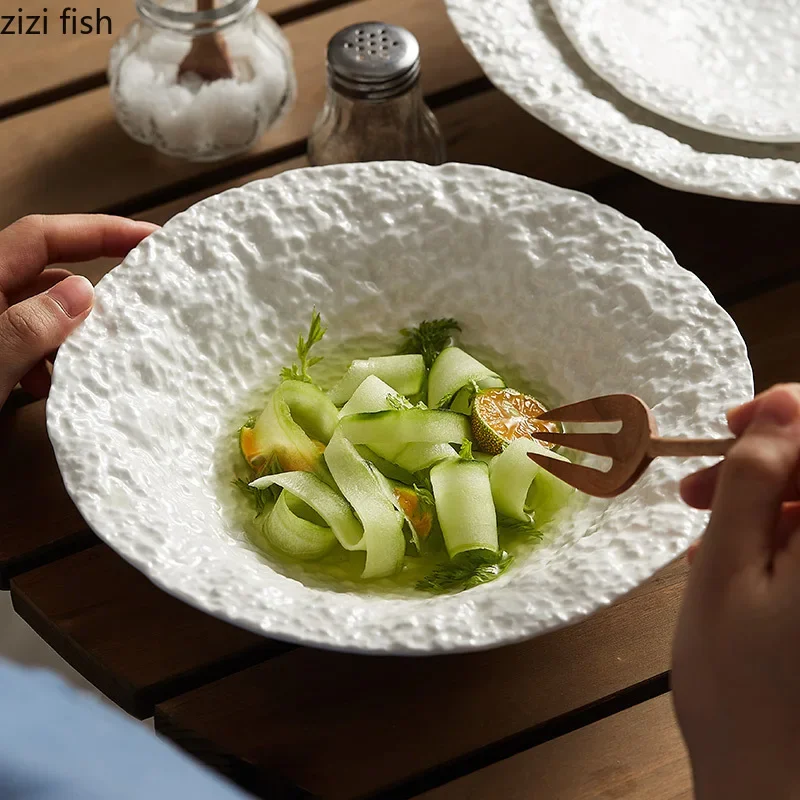 Irregular Stone Pattern Ceramic Bowl Restaurant Soup Bowl Salad Bowl Dessert Bowls Pasta Bowls Pure White Specialty Tableware