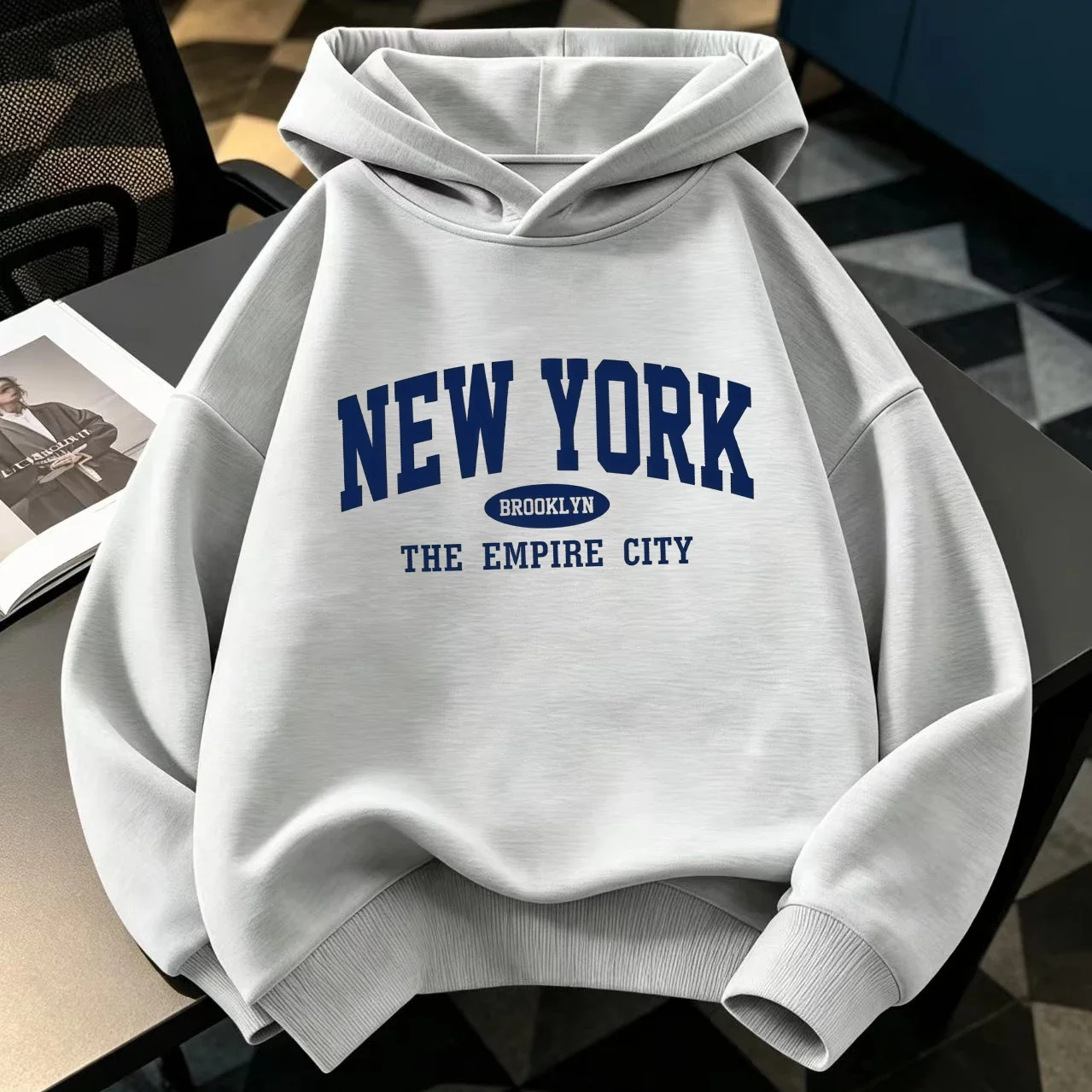New York Letter Print Casual Style for Boys and Girls Children's Fashionable Hoodie Loose Fit, Geometric Pattern Warm Sweatshirt