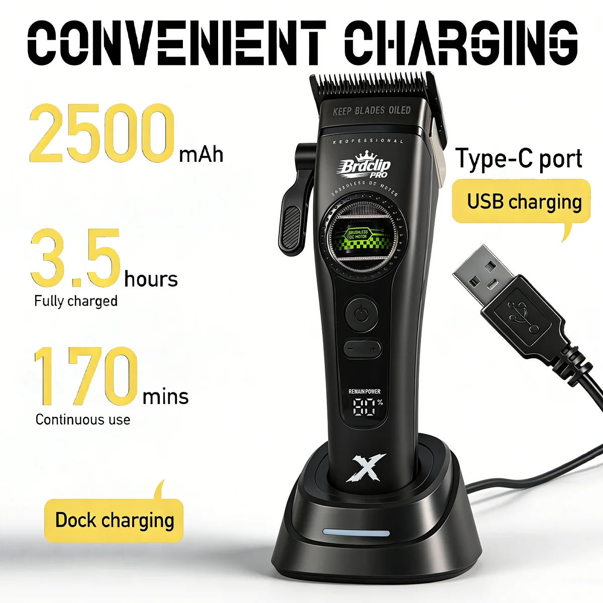New BRDCLIP PRO Electric Hair Clipper Hair Trimmer Set Outer Rotor BLDC 6000-8000RPM Barber  Shop DLC Blade with Charge Dock view 6