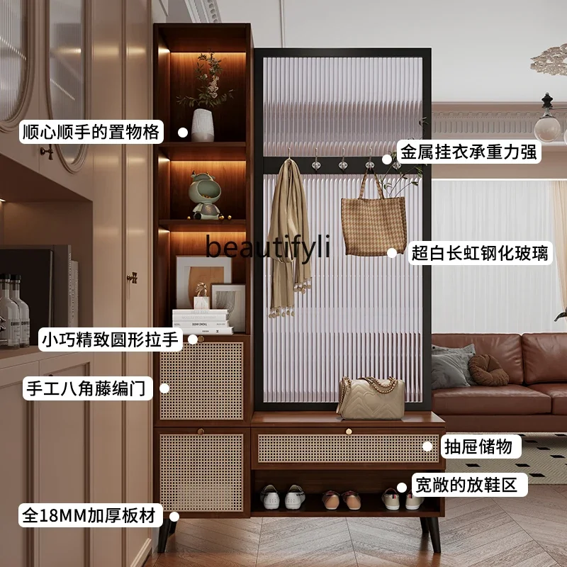 Japanese-style rattan entrance cabinet, shoe cabinet integrated living room glass screen partition cabinet, foyer cabinet