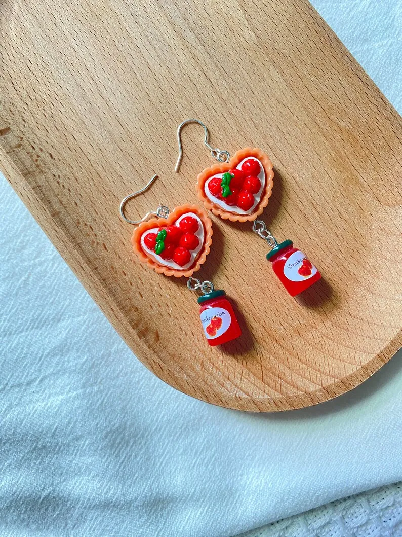 Strawberry earrings dangle, jam,Novelty jam Earrings,Quirky,kawaii,cute earrings,resin strawberry,Threaders