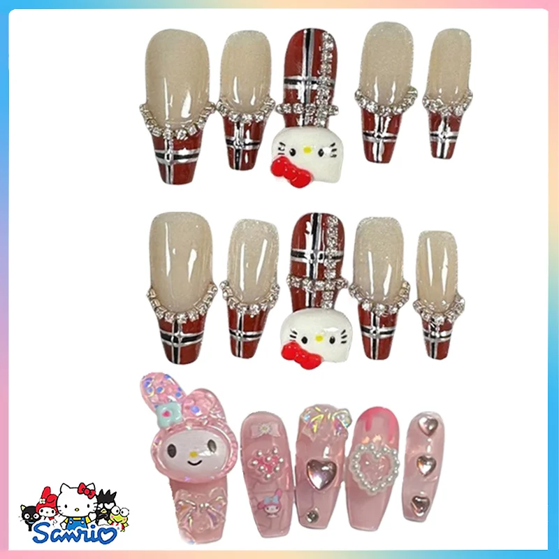 

Sanrios Hellokitty Charm Fake Nails Diamond Melody Wearing Armor Kitty Y2K Press On Nails Sticker Handwork Manicure Girls Gift