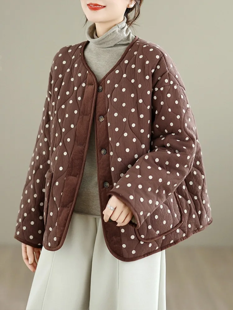 

Retro Polka Dot Print Cotton Jacket Women's Short Coat Thickened round Neck Cotton Clothes Large Size Winter Outerwear