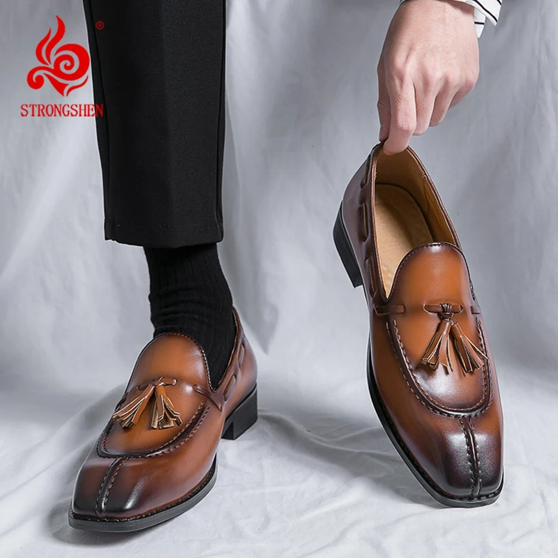 

STRONGSHEN Designer Men's Leather Shoes Trend Luxury Brand Business Pointed Toe Leather Shoes Casual Shoes Slip-On Men Loafers