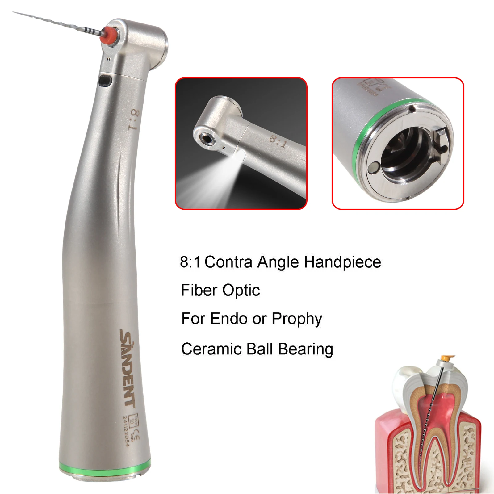 SANDENT Dental LED Fiber Optic 8:1 Handpiece Endo Rotary Endodontic Contra Angle Push Button Mini Head MX