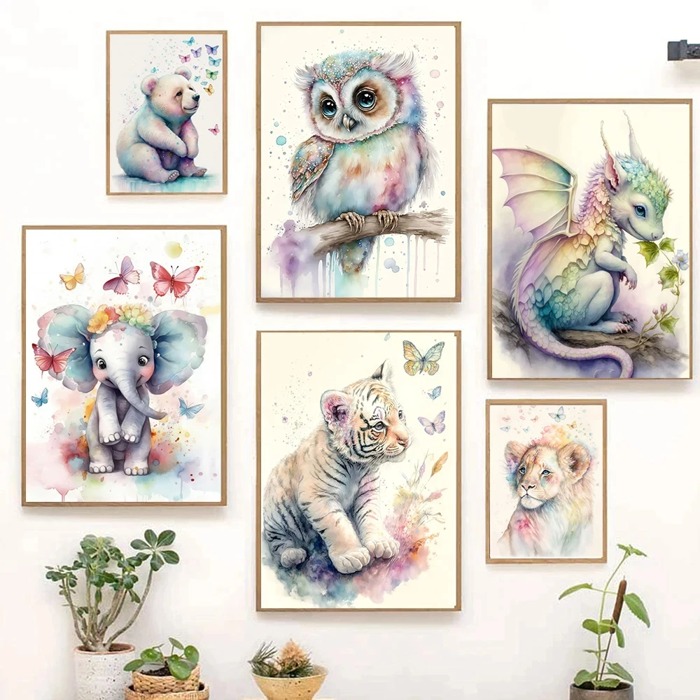 Watercolor Baby Animal Lion Elephant Bear Cat Sheep Squirrel Poster Wall Art Pictures Canvas Painting Living Room Kid Home Decor