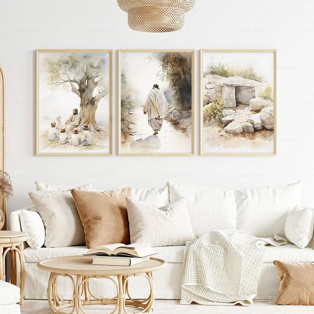 Jesus Teaching Children Jesus on path Empty Tomb Poster Watercolour Boho Christian Wall Art Picture for Living Room Home Decor