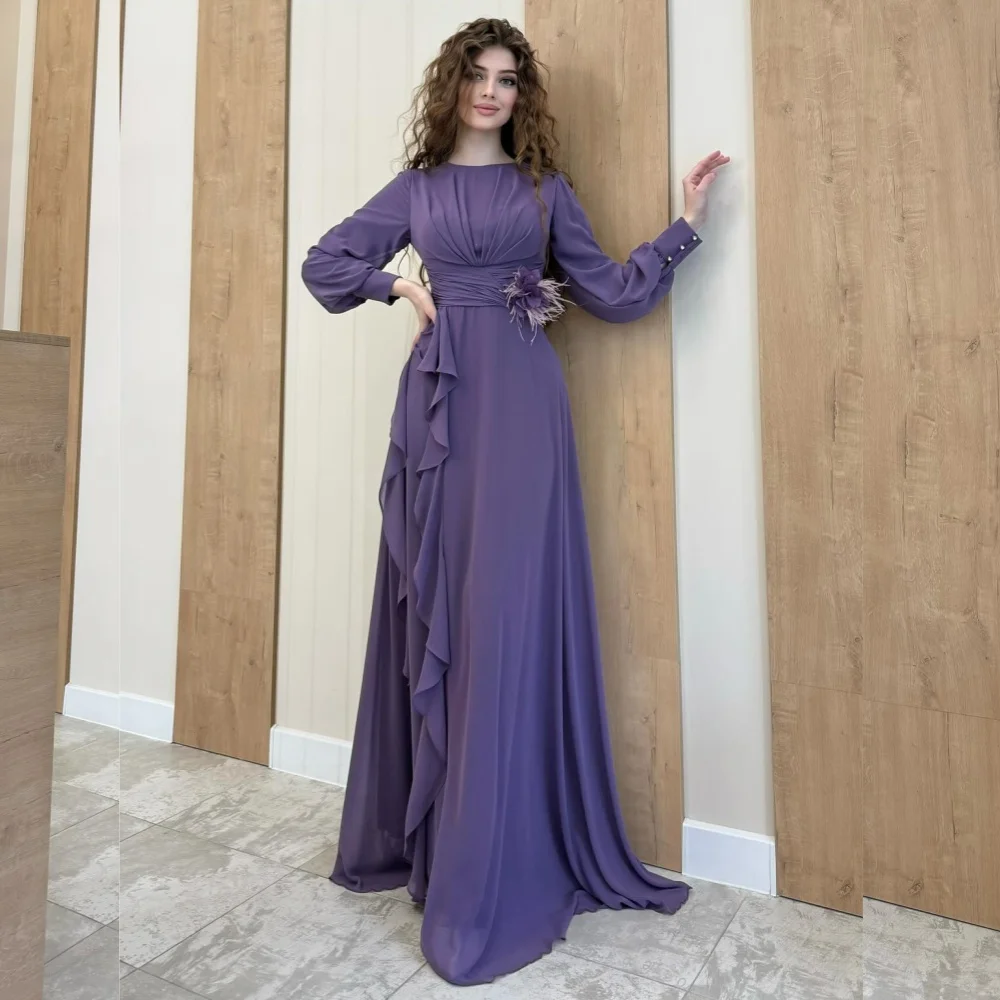 

Customized Formal Fashion Chiffon Pleat Ruched Draped Feather A-line Scoop Neck Long Dresses Bespoke Occasion Dresses Formal