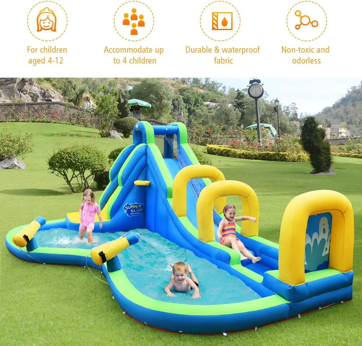 Nadmuchiwana zjeżdżalnia wodna, 16 x12ft Mega Park zjeżdżalni na podwórko z długą zjeżdżalnią przygodową, dużym basenem, dmuchawą 750w, wysadzeniem