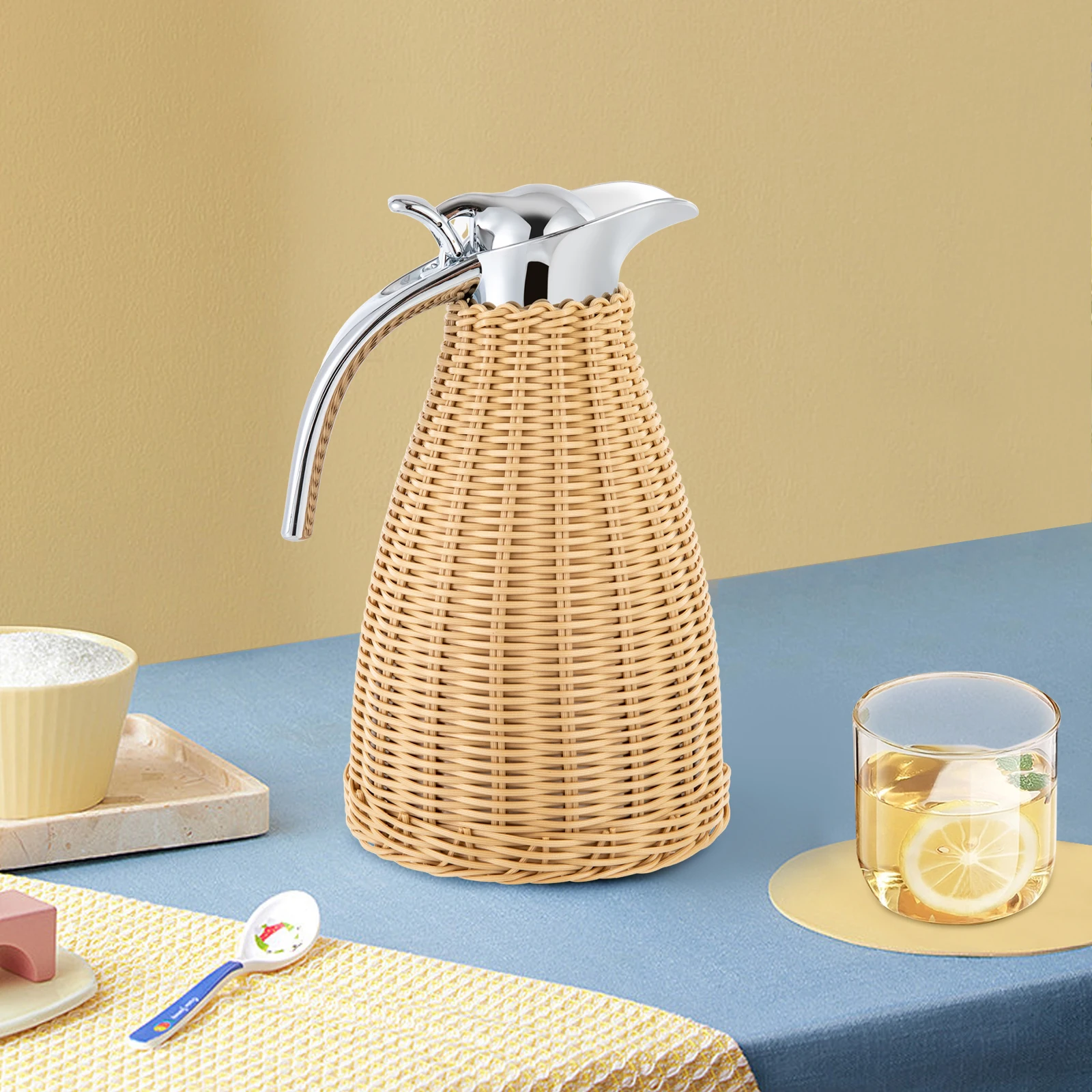 1.5L Stainless Steel Coffee Thermal Jug, Double Walled Vacuum Insualted Jug, Rattan Thermal Jug Natural