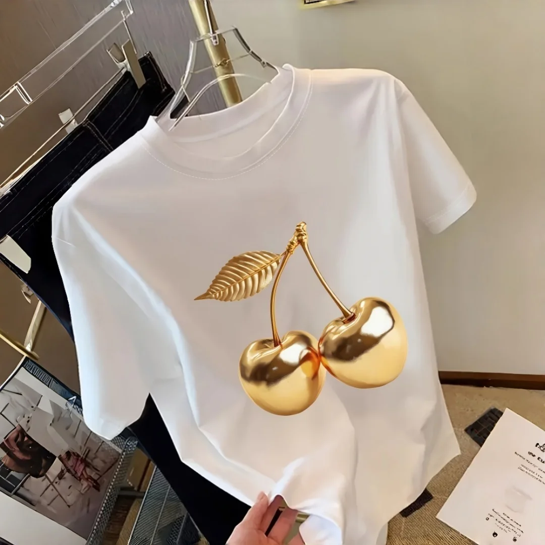 

Женский стильный круглый вырез с короткими рукавами и принтом «Золотая вишня», идеально подходящий для весенней одежды. Эстетическая одежда на тему вишни.