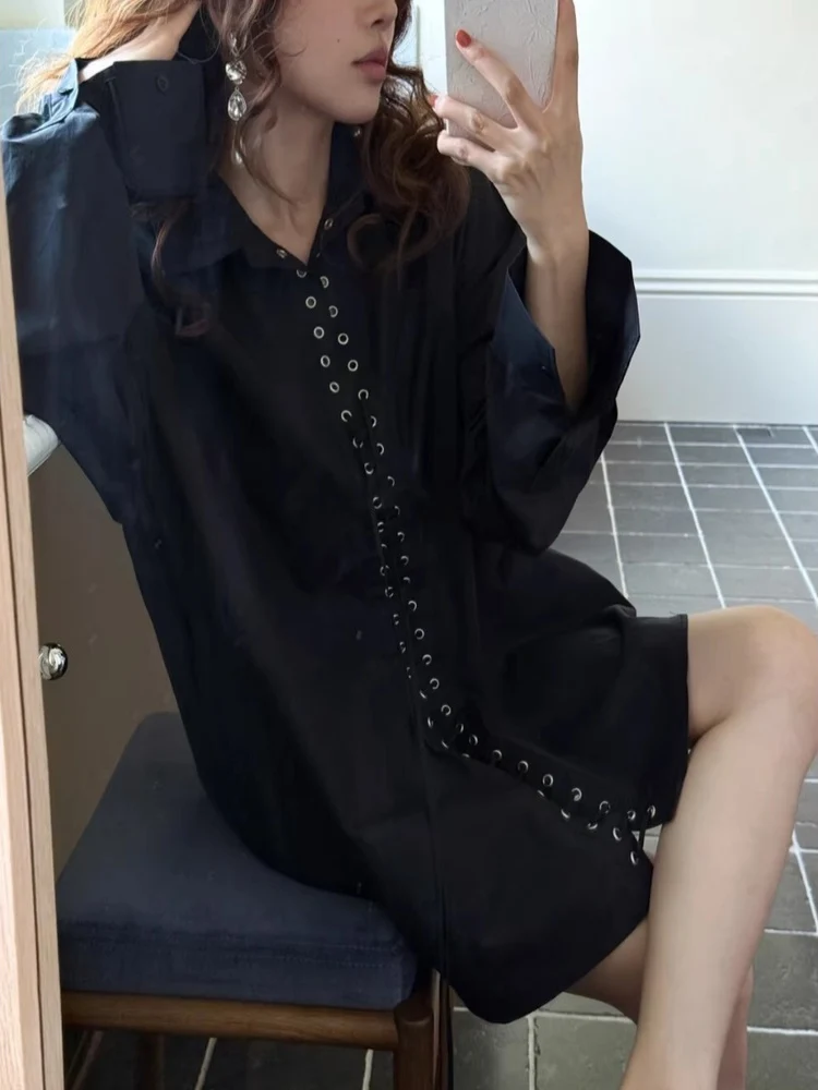 Início da primavera faion branco irt feminino casual wear multi-estrutura rebite perfuração camada rua sle frente ort ba longo