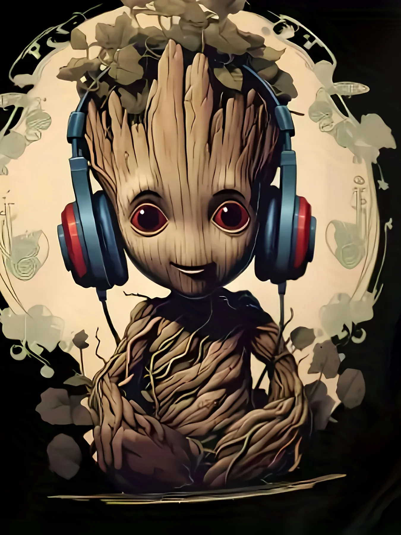 تي شيرت برسومات Marvel Groot للرجال - طباعة، تي شيرت صيفي كاجوال أسود مع سماعات رأس وتصميم زهور، مقاس عادي، مستدير #3