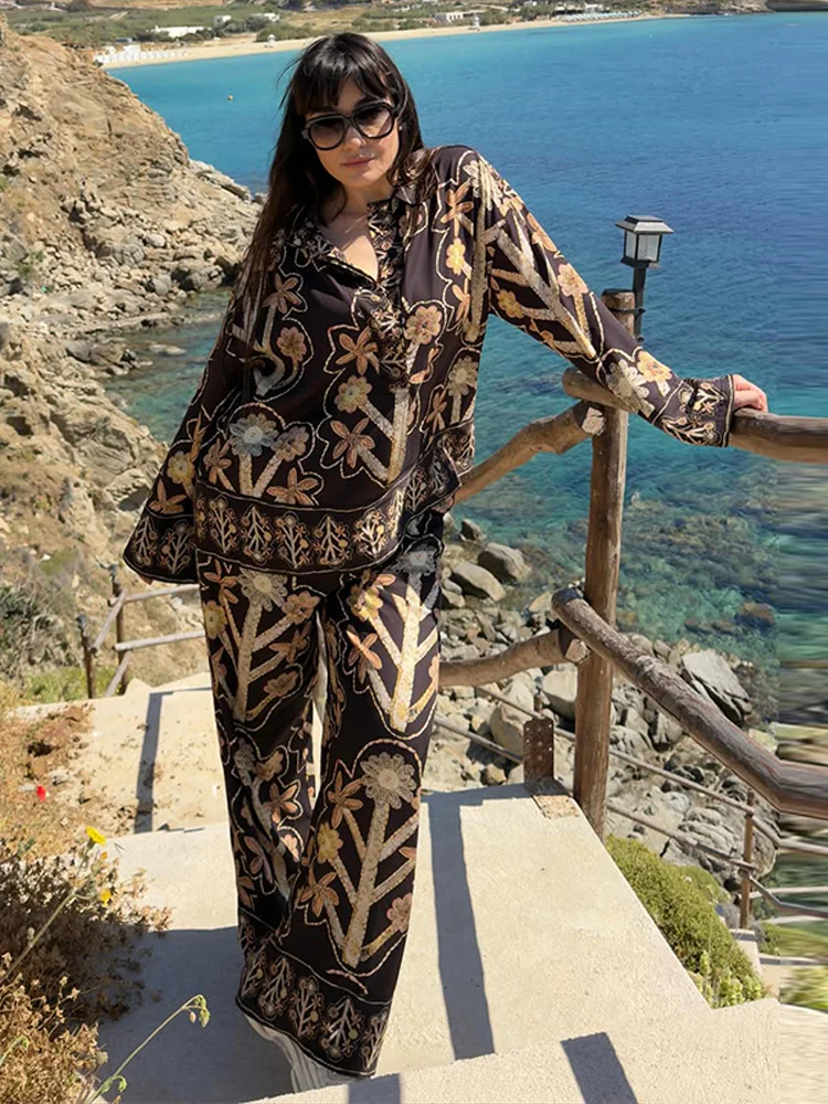 Bedruckte Oversize-Hemd- und Hosen-Sets für Damen: Streetwear mit Revers, Langarm, Einreiher, lockere Blusen-Tops und weite Hosen – Neues Outfit – Detail 15