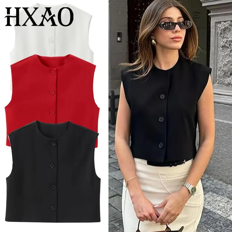 HXAO Women\'s Vests Cropped Red Black Vest Outerwears Fall Casual Sleeveless Vest Woman Short Coats Waistcoat White Suit Vest