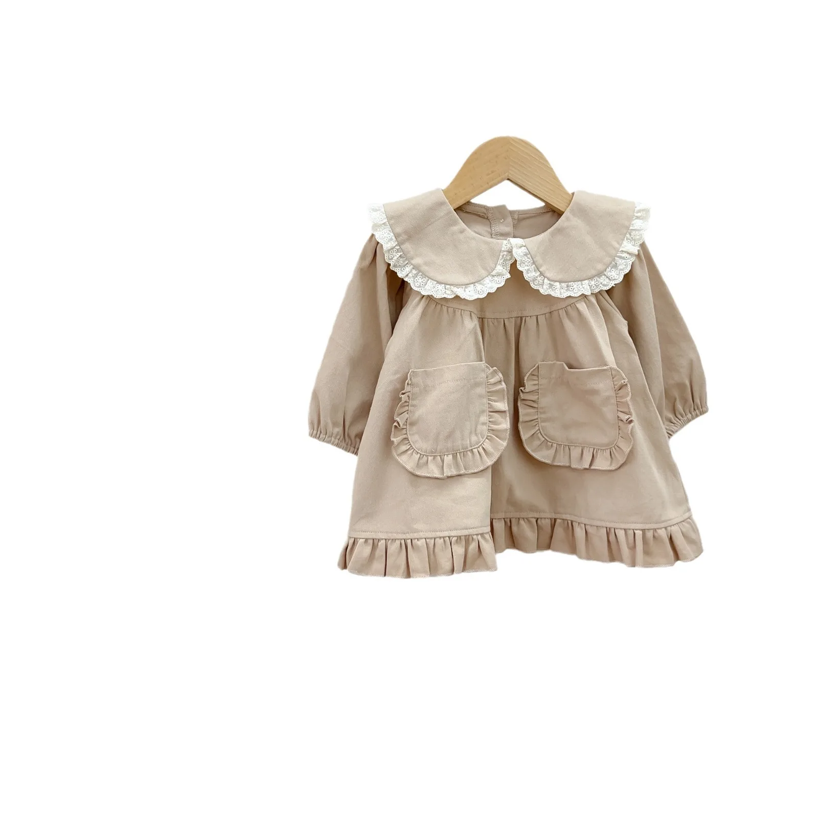 2024 Autumn New Baby Girl Cute Sweet Lace Collar Dress Preppy Style Long Sleeve Casual Dress Infant Toddler Cotton Pocket Dress