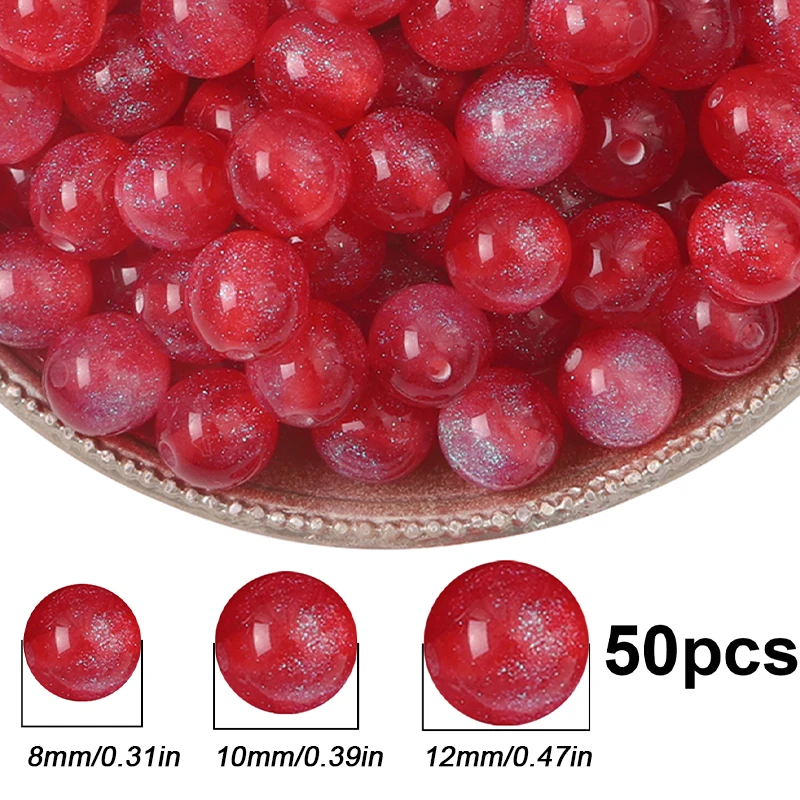 8/10/12 mm, 50 Stück, rotes Harz, feiner Glitzer, runde lose Perlen, DIY-Armband, Halskette, handgefertigte Schmuckherstellung – Detail 4