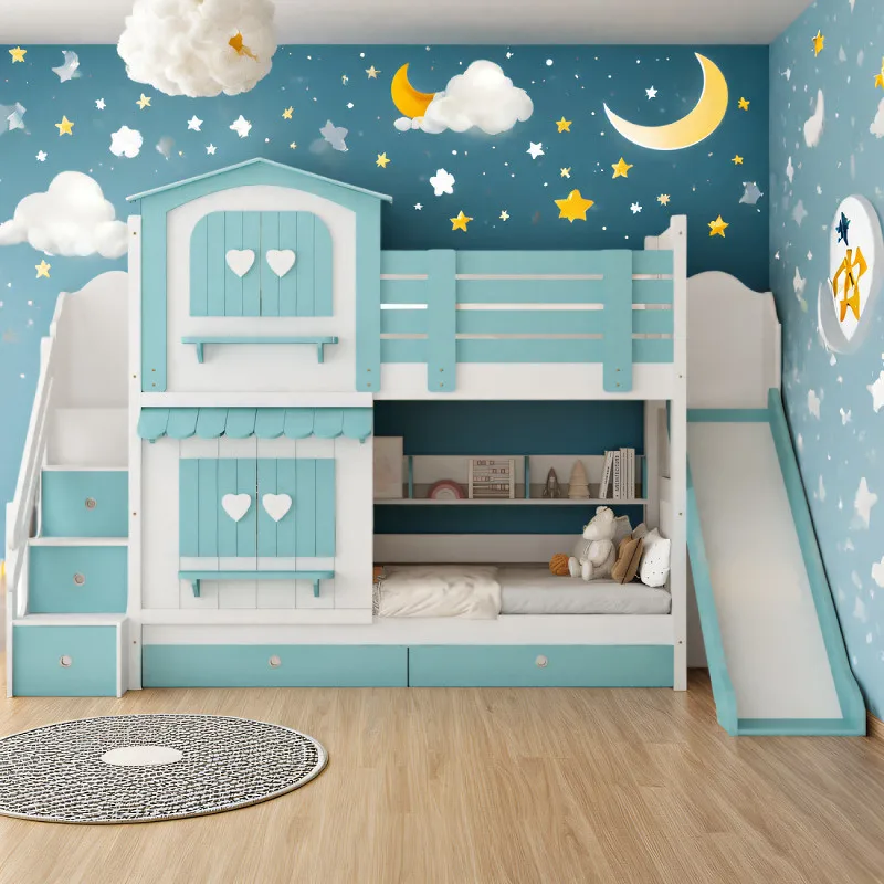 Children's bed Girl bunk bed Two-layer pink princess wind castle bed Slide bunk