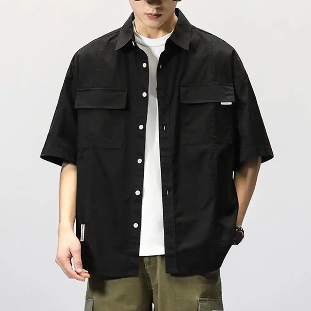 Camisa Estilo Vintage para hombre, camisa de carga, cuello vuelto, mangas cortas, Hip-hop, suelta, abrigo, informal, cárdigan