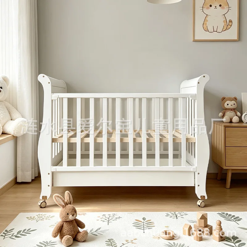 Solid Wood Baby Crib Removable Storage Multifunctional Liftable Guardrail Newborn Splicing Bed Crib for Nursery