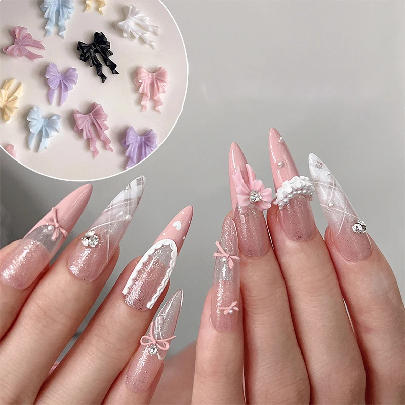 50 pz Nail Decorat Parti Carine Nastro Lungo Ondulato Arco Unghie artistiche Accessori 2 Formati Arco di Nastro Colorato 3D Resina Unghie Pendenti e Ciondoli Giapponese