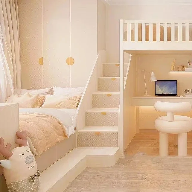 

Solid Wood Tatami Children's Bed with Stairs up Bed Down Table High Storage Function Customizable