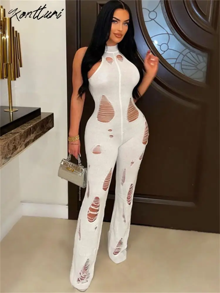 

Kontturi Fall Knit White Hole Jumpsuit Women 2023 O Neck Sleeveless Backless Jumpsuit One Pieces Solid Flare Leg Jumpsuit Female